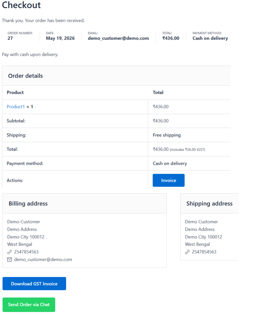 WooCommerce order details page displaying Download GST Invoice button and invoice action for customers after checkout.