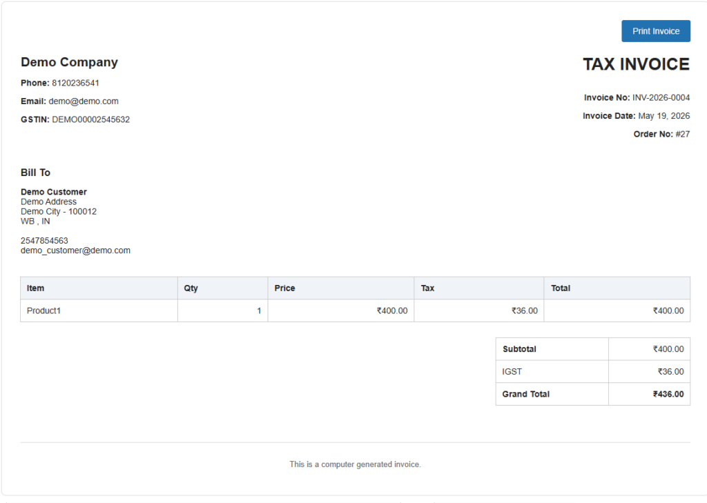 WooCommerce GST tax invoice preview showing company details, customer billing information, product tax calculation, and printable invoice layout.