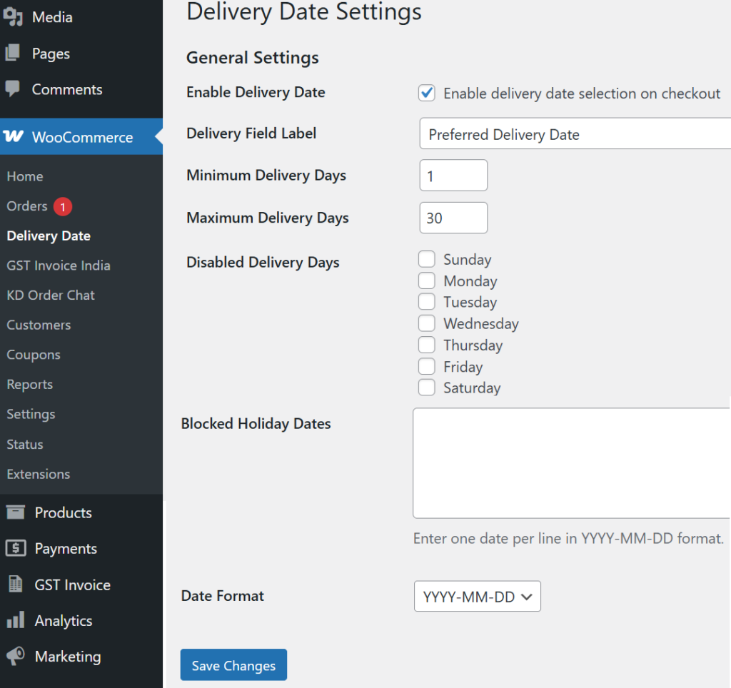 WooCommerce Delivery Date plugin settings page showing delivery schedule configuration options.