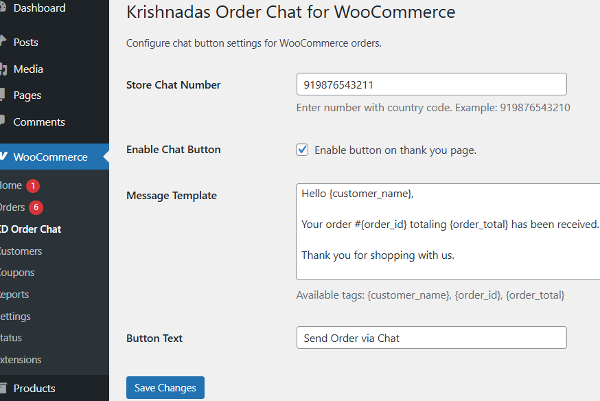 WooCommerce WhatsApp Notifications plugin settings page