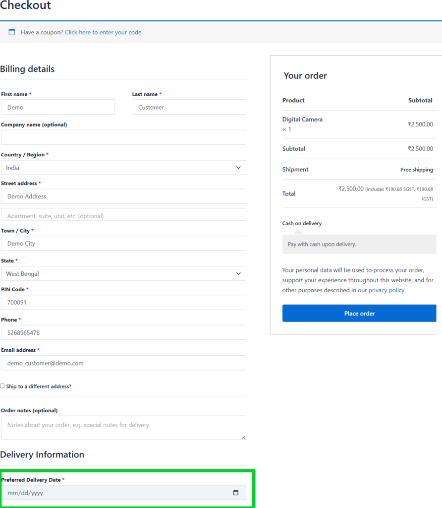 WooCommerce checkout page showing preferred delivery date field added by the plugin.