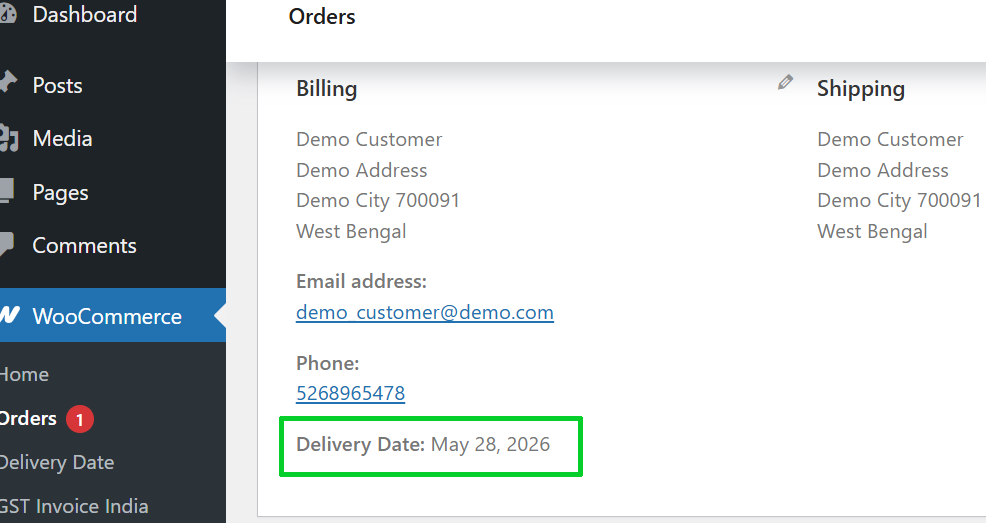 WooCommerce admin order page showing customer selected delivery date.