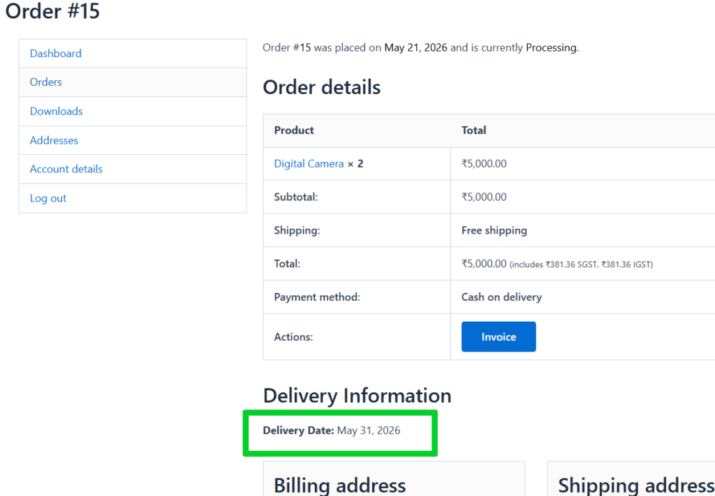 WooCommerce customer order details page showing scheduled delivery date information.