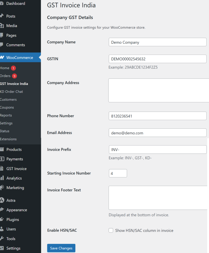 KrishnaDas GST Invoice India plugin settings page in WooCommerce showing GSTIN, company details, invoice prefix, and invoice options.