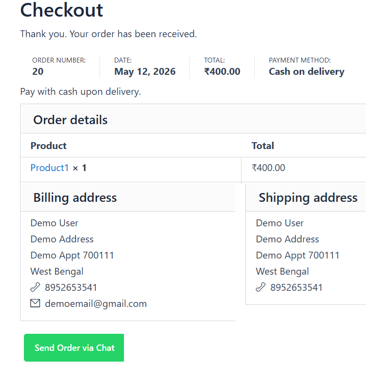 WooCommerce thank you page showing Send Order via Chat button