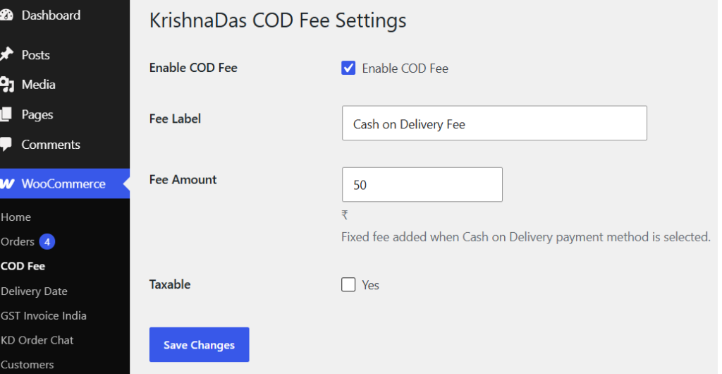KrishnaDas COD Fee for WooCommerce settings page showing options to enable COD fee, set fee label, fee amount, and taxable fee settings.