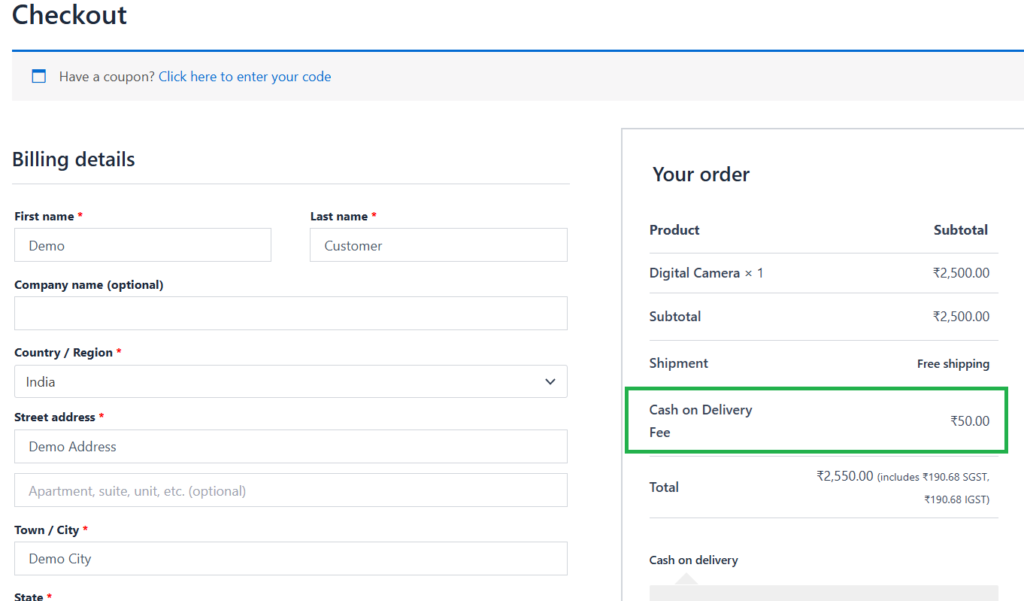 COD fee displayed in WooCommerce checkout when Cash on Delivery payment method is selected.