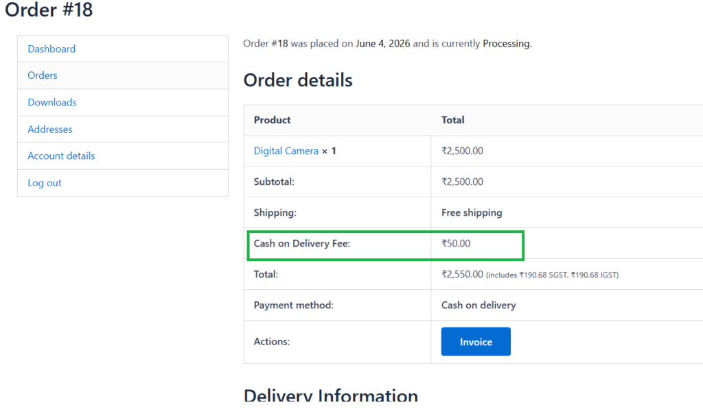 COD fee displayed in WooCommerce customer order details after the order is placed.