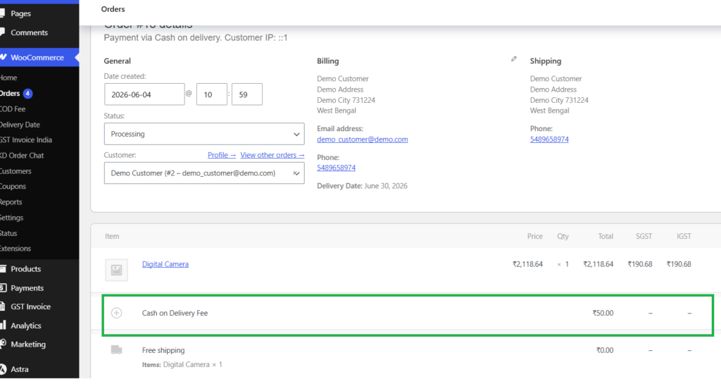 Cash on Delivery fee displayed in WooCommerce admin order details.